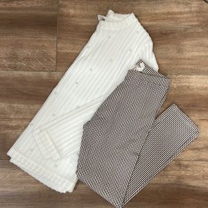 Zara Outfit cream top with pearl appliqué and houndstooth leggings brown and tan